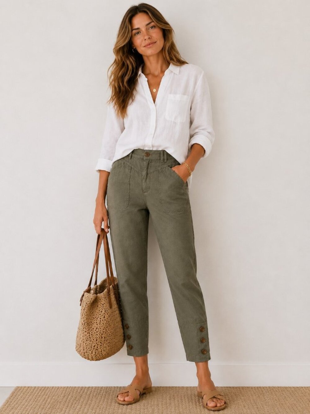 Wrap London Eucalyptus Garment Dyed 100% Linen Cropped Trousers Womens Size 6